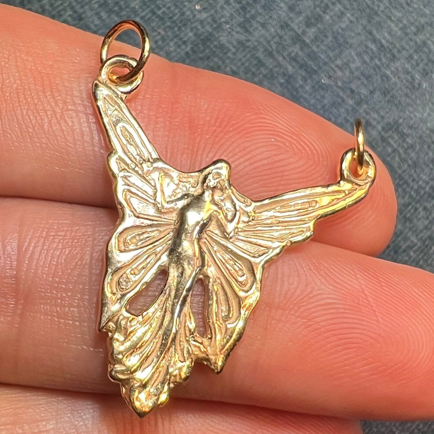 14k Yellow Gold Art Deco Angel Fairy Pendant. Large 1.25"