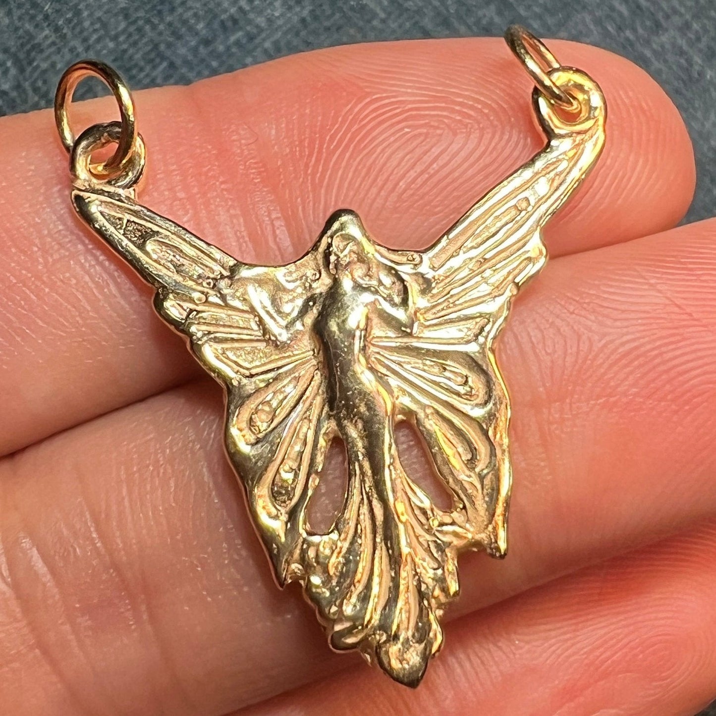 14k Yellow Gold Art Deco Angel Fairy Pendant. Large 1.25"