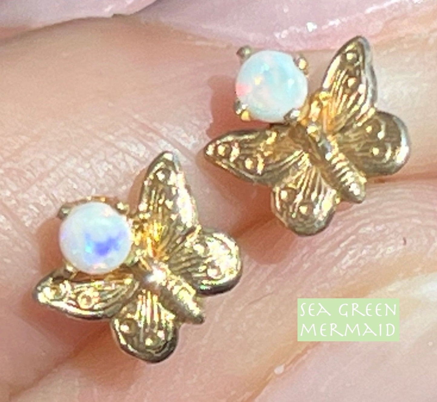 14k Yellow Gold Australian Jelly Opal Butterfly Earrings. TINY!