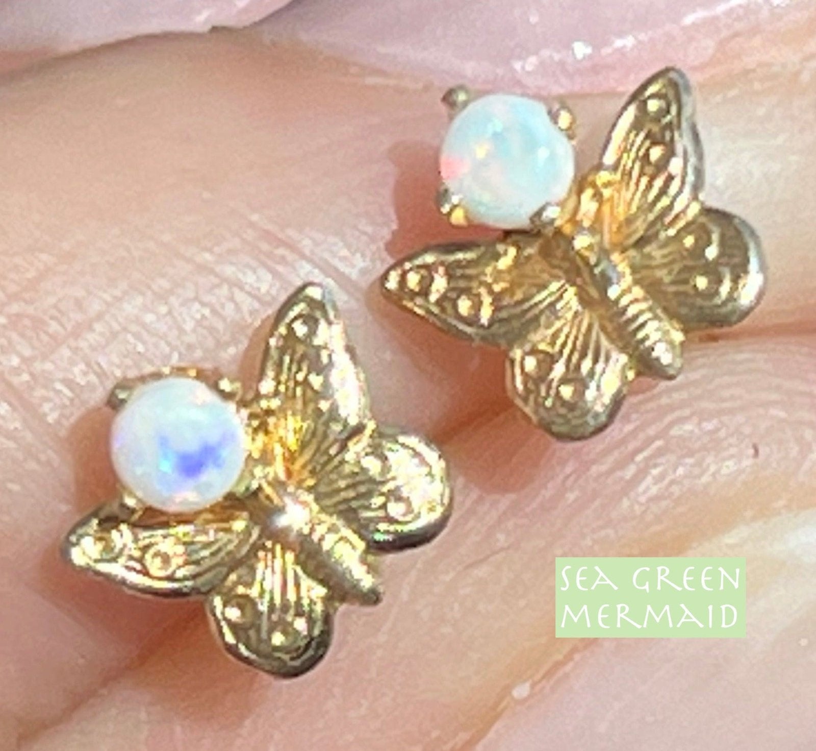 14k Yellow Gold Australian Jelly Opal Butterfly Earrings. TINY!