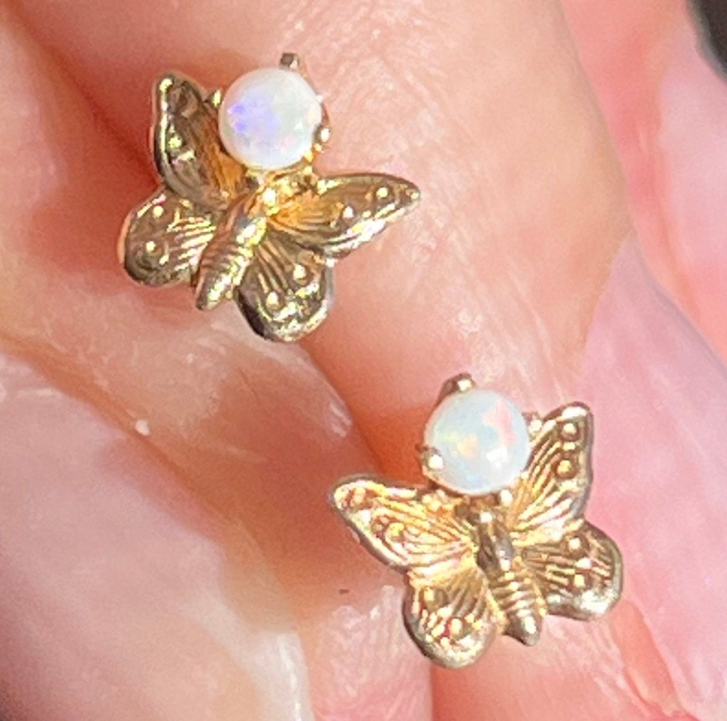 14k Yellow Gold Australian Jelly Opal Butterfly Earrings. TINY!