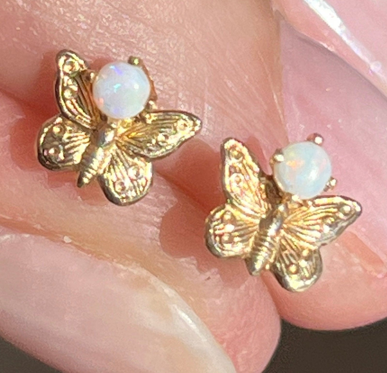 14k Yellow Gold Australian Jelly Opal Butterfly Earrings. TINY!