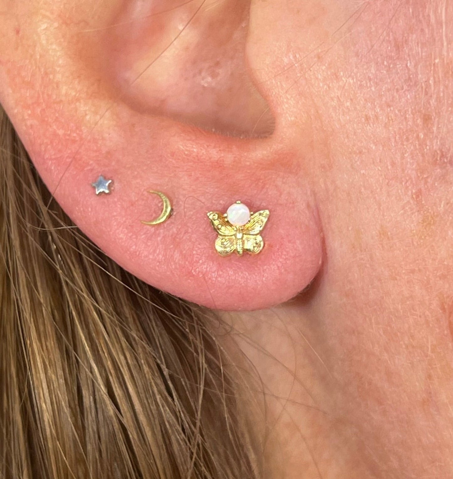 14k Yellow Gold Australian Jelly Opal Butterfly Earrings. TINY!