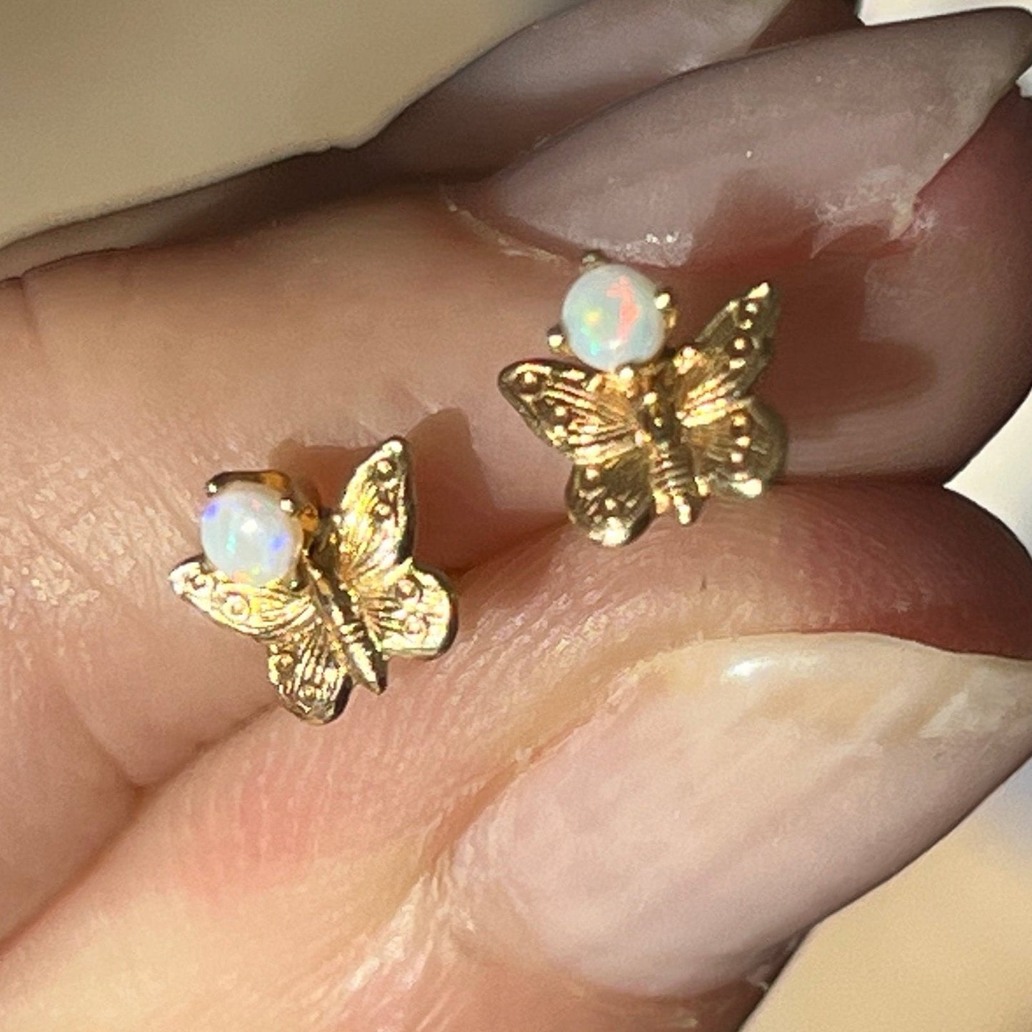 14k Yellow Gold Australian Jelly Opal Butterfly Earrings. TINY!