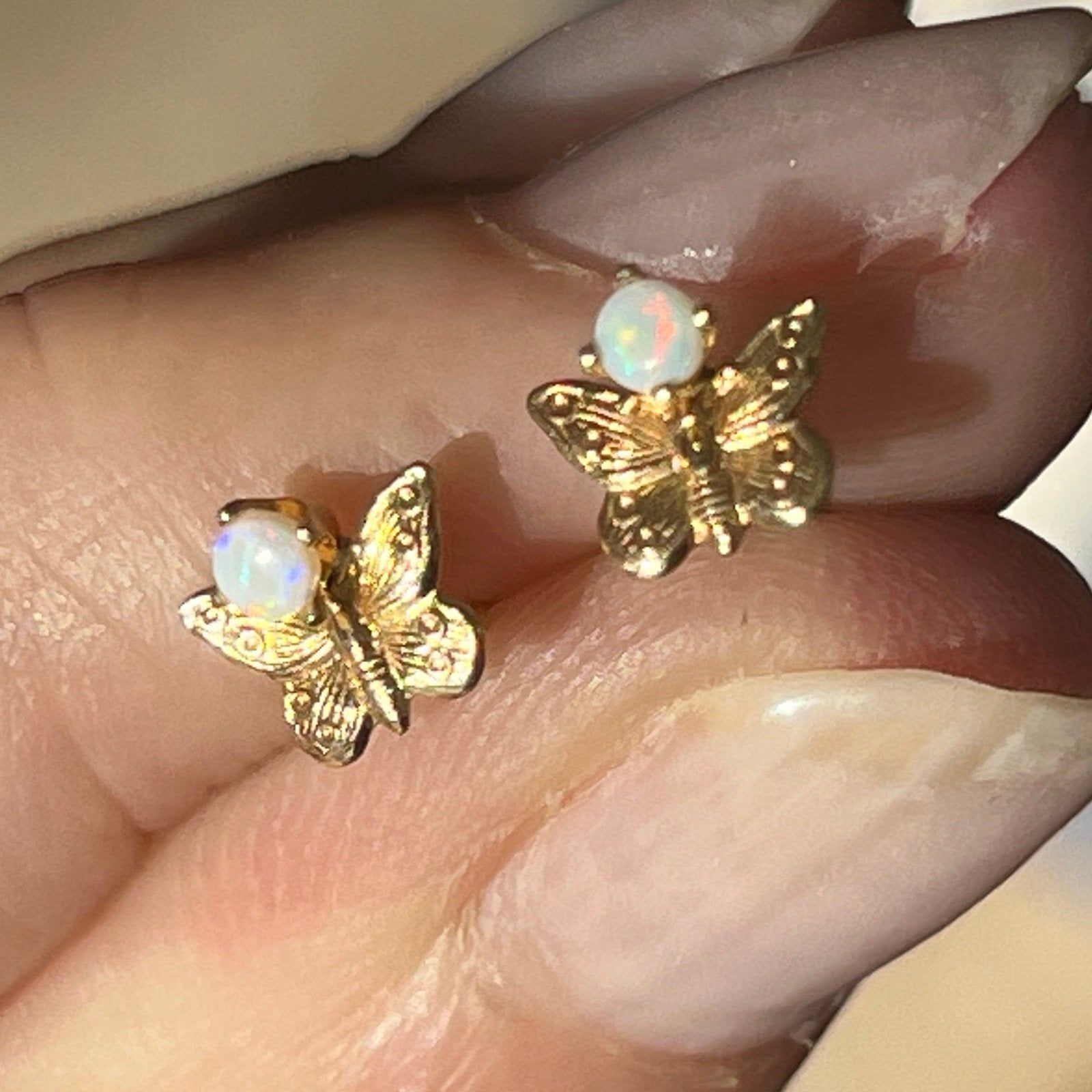 14k Yellow Gold Australian Jelly Opal Butterfly Earrings. TINY!