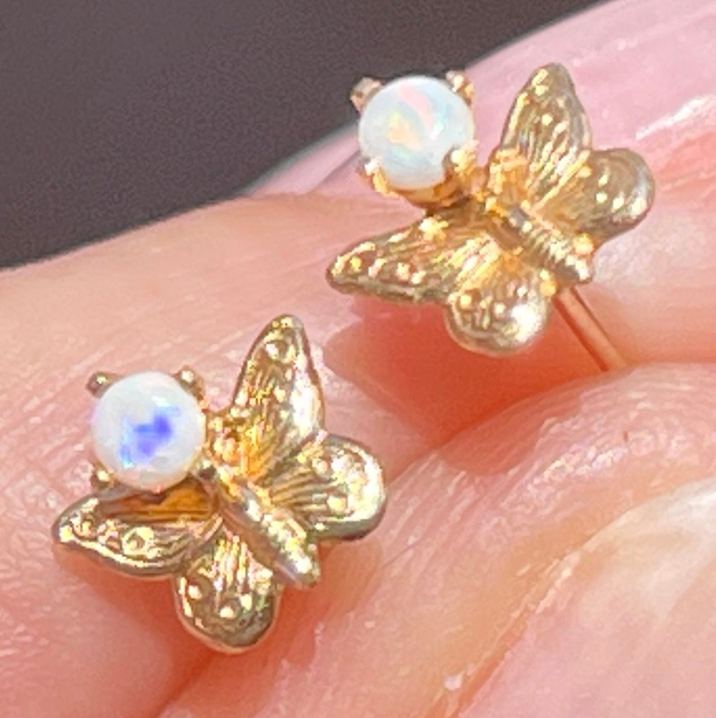 14k Yellow Gold Australian Jelly Opal Butterfly Earrings. TINY!