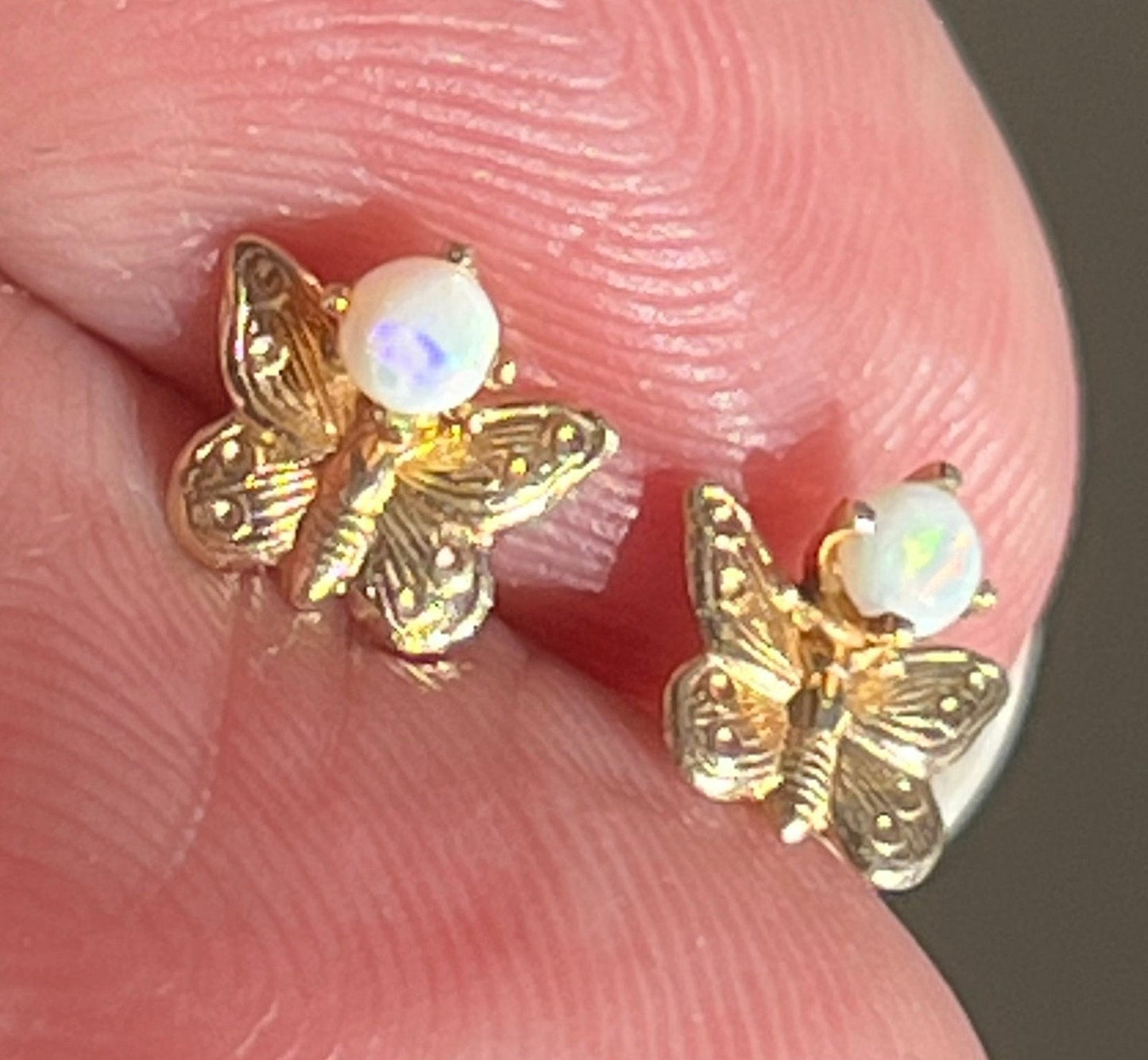 14k Yellow Gold Australian Jelly Opal Butterfly Earrings. TINY!