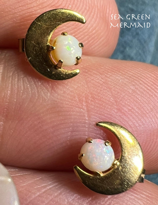 14k Yellow Gold Australian Opal Earrings w Crescent Moons. TINY! *Video*