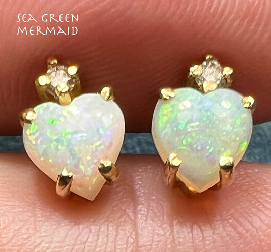 14k Yellow Gold Australian Opal HEART + Diamond Earrings *Video*