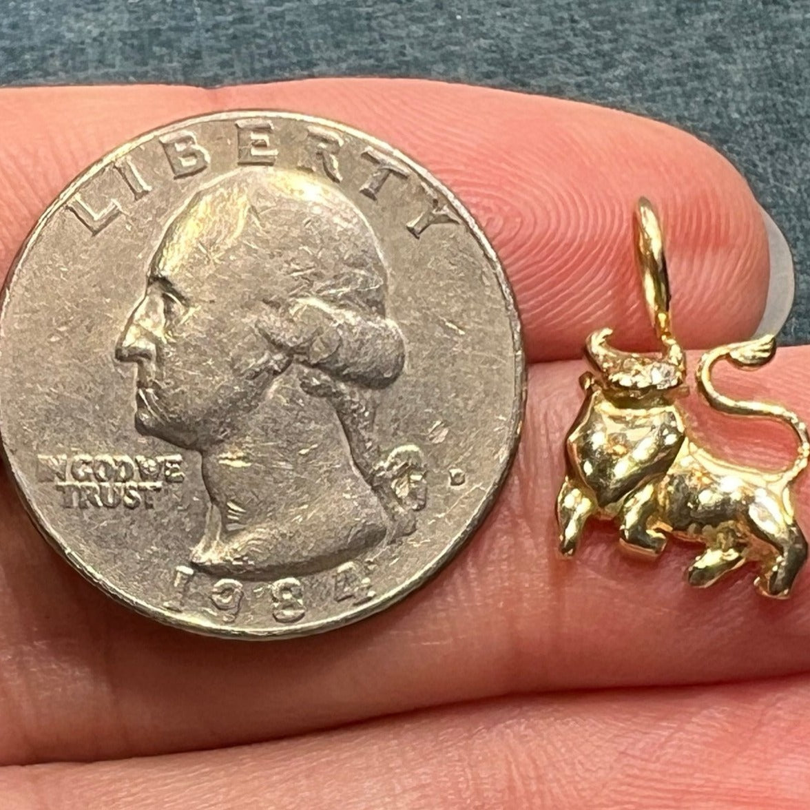 14k Yellow Gold BULL Pendant w Diamond Eye. Teeny!