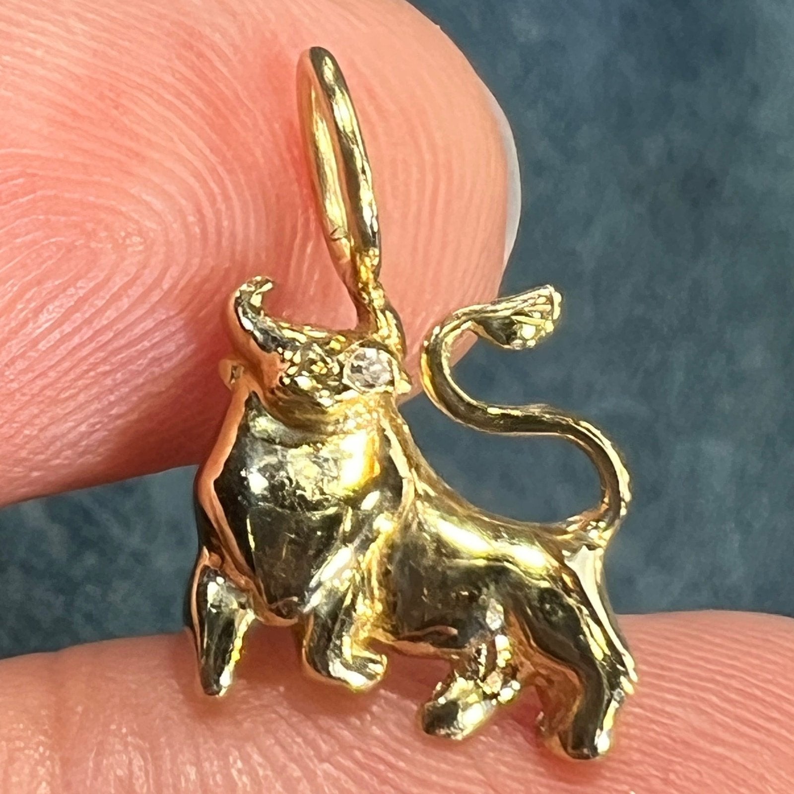 14k Yellow Gold BULL Pendant w Diamond Eye. Teeny!