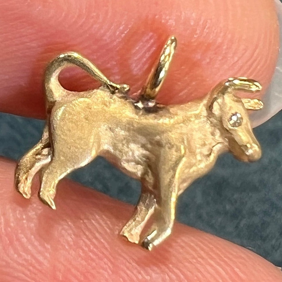 14k Yellow Gold BULL or OX Pendant w Diamond Eye. Teeny!