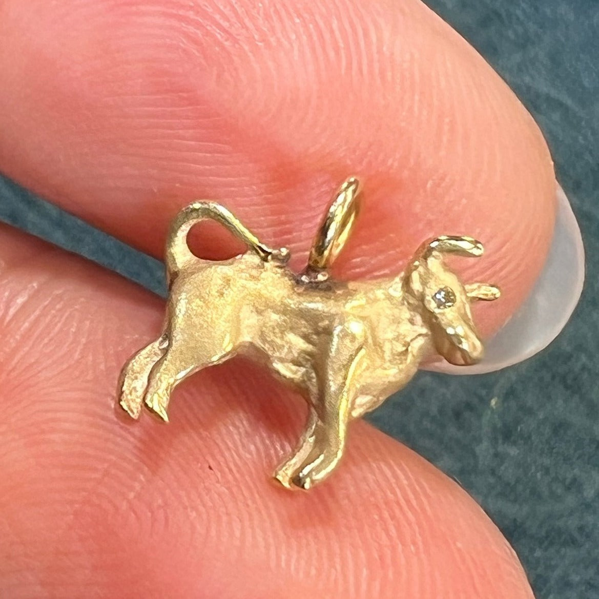 14k Yellow Gold BULL or OX Pendant w Diamond Eye. Teeny!