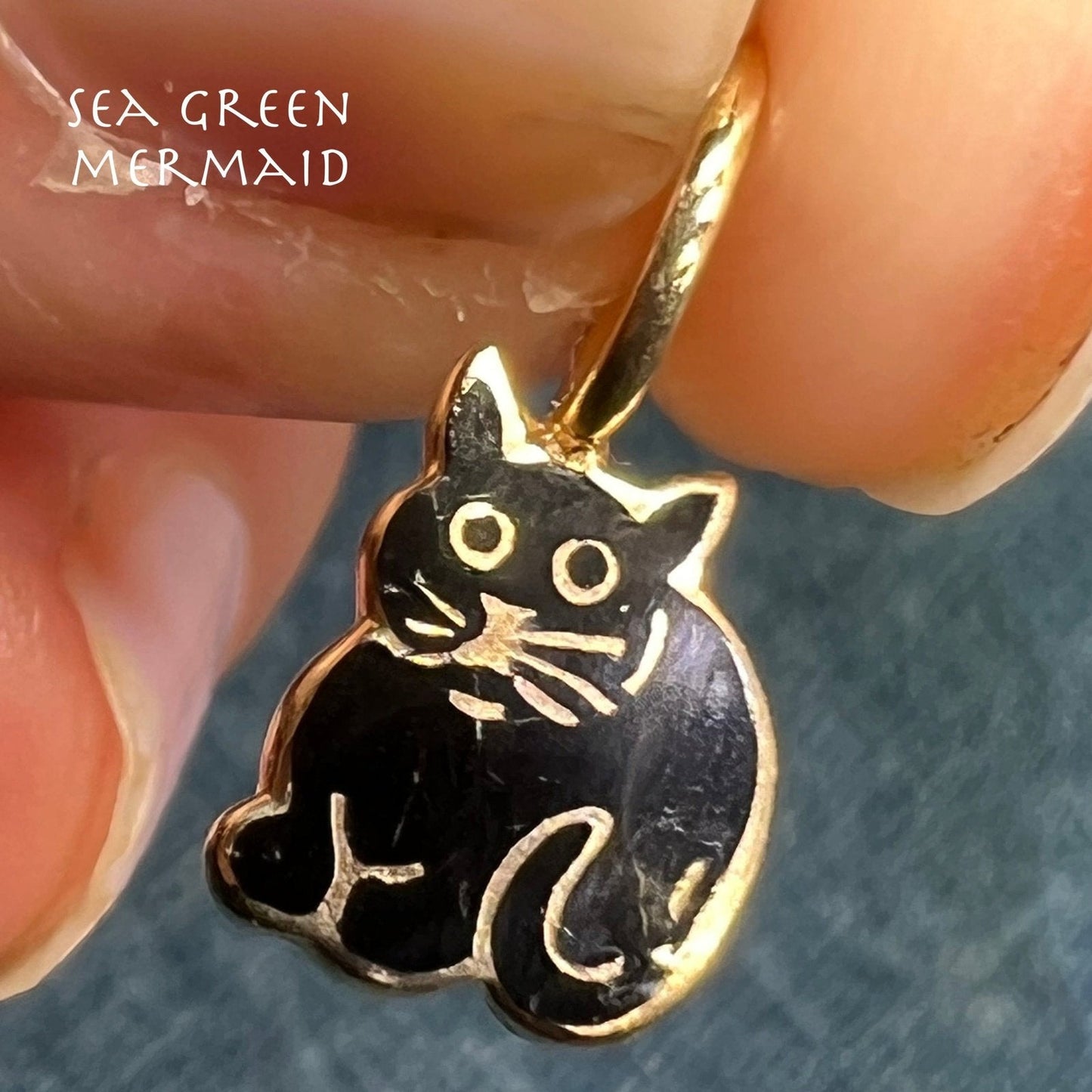 14k Yellow Gold Black Enamel Sitting Cat Pendant. TINY!