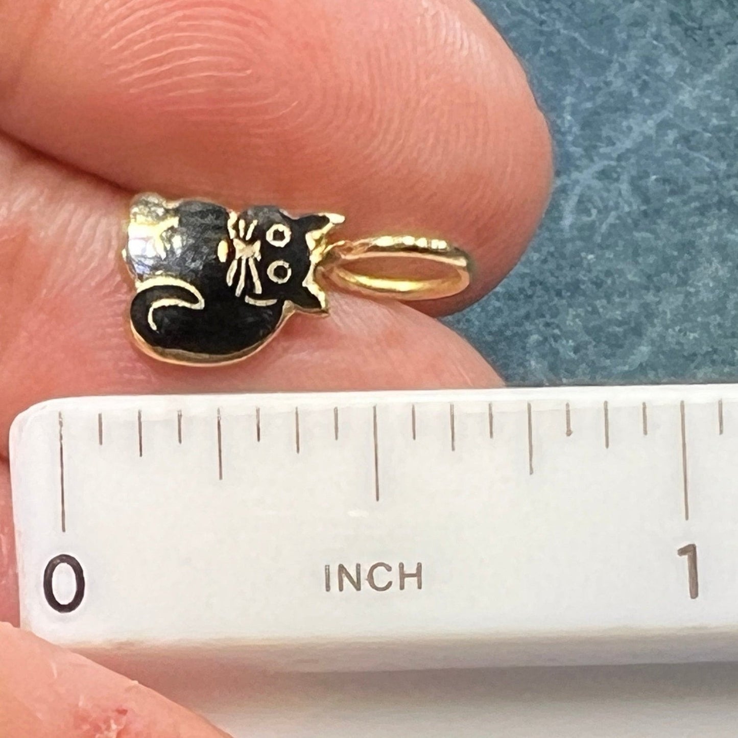 14k Yellow Gold Black Enamel Sitting Cat Pendant. TINY!