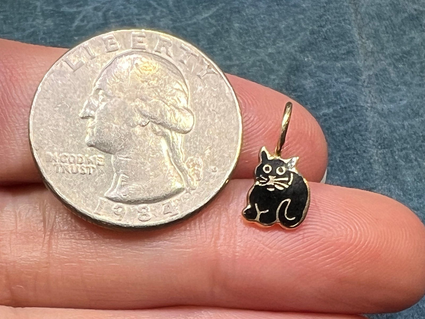 14k Yellow Gold Black Enamel Sitting Cat Pendant. TINY!