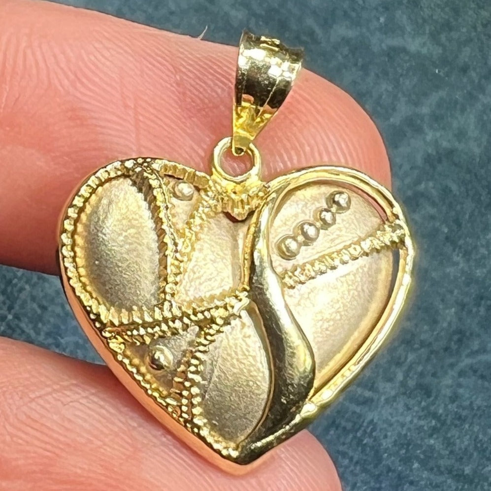 14k Yellow Gold Brocade Embellished HEART Pendant. 1"