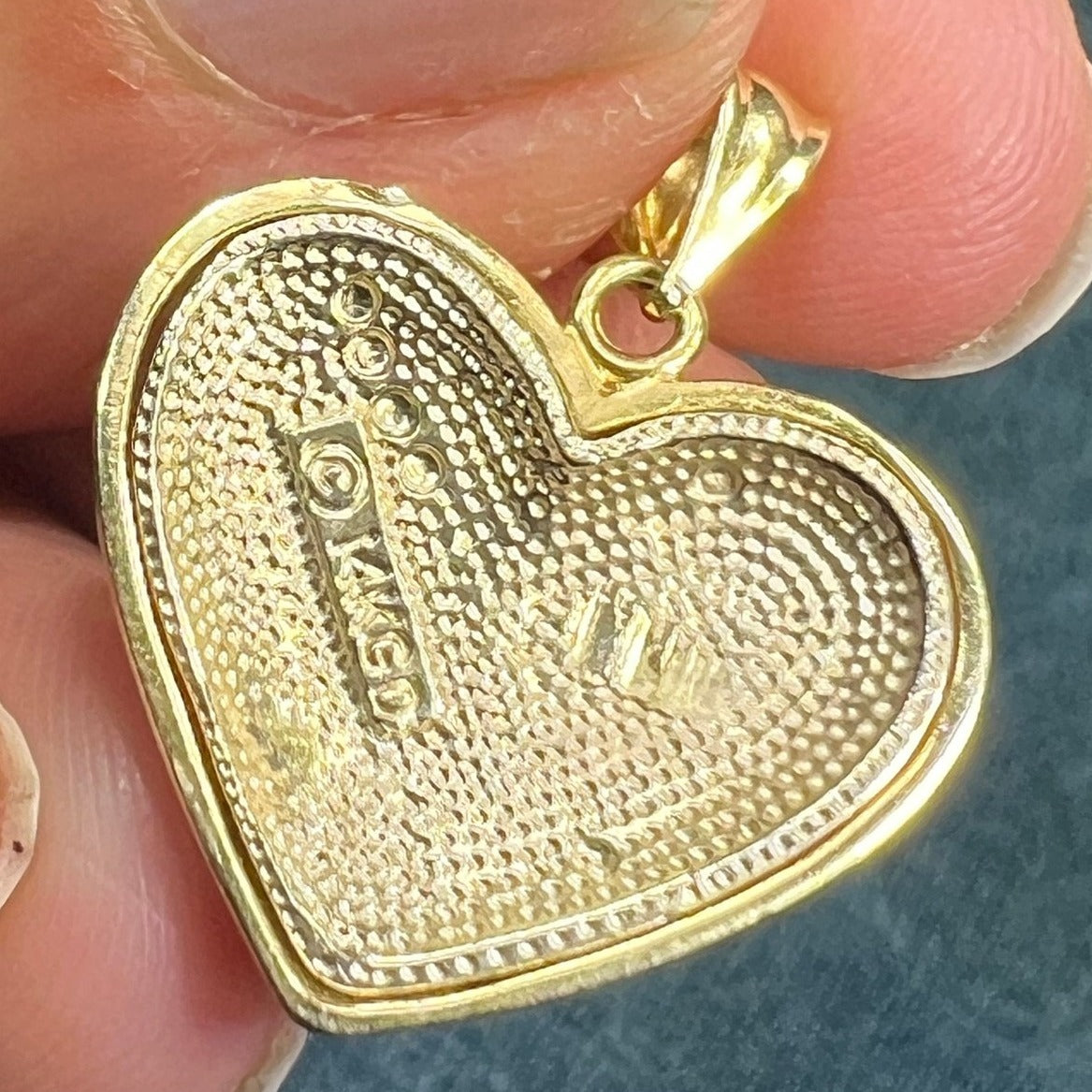 14k Yellow Gold Brocade Embellished HEART Pendant. 1"