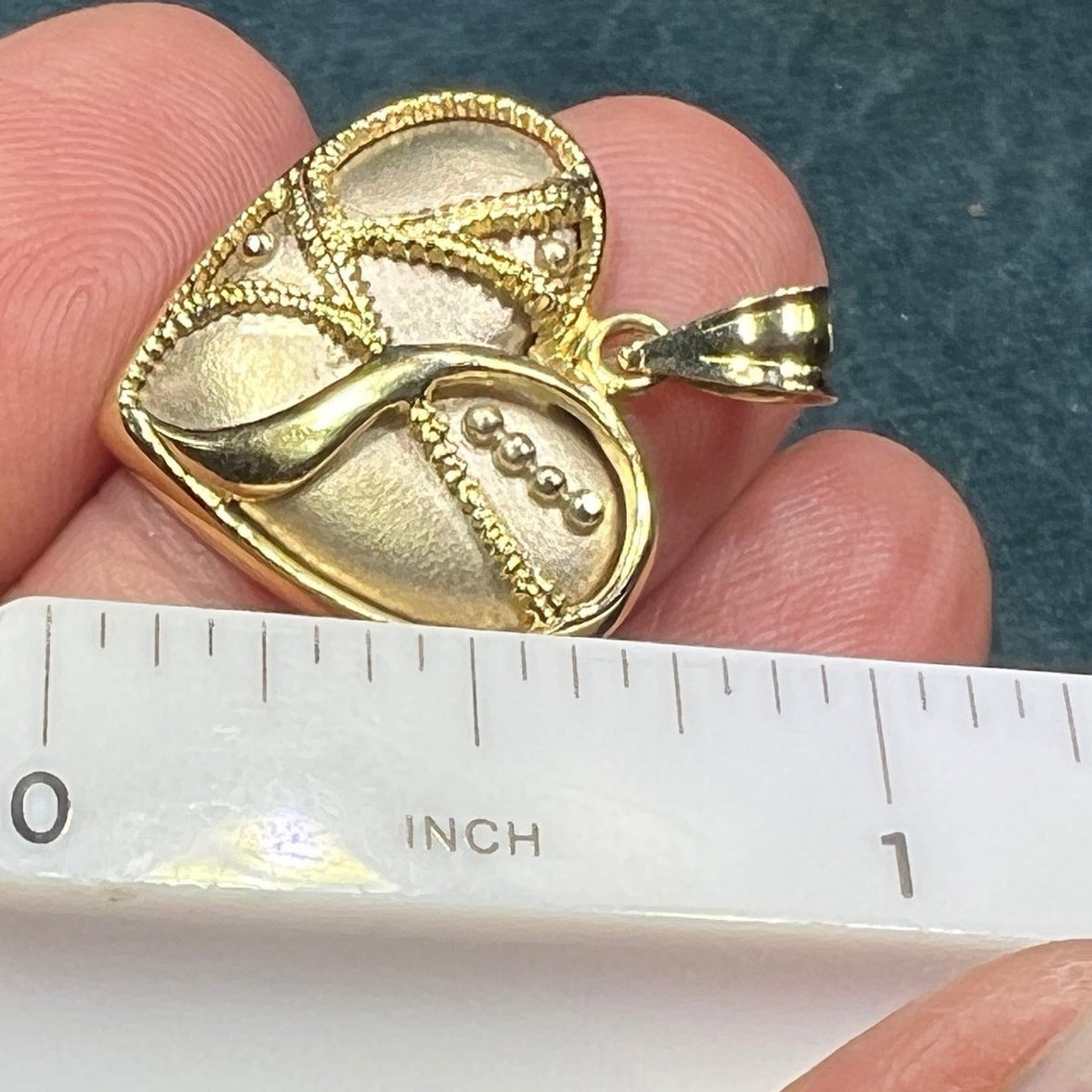 14k Yellow Gold Brocade Embellished HEART Pendant. 1"