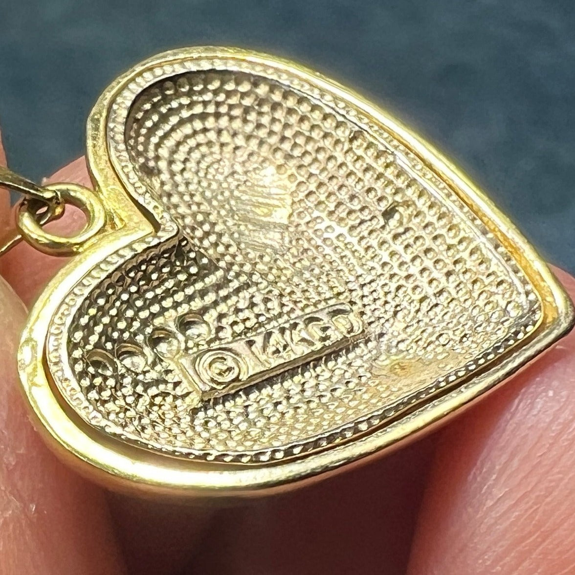 14k Yellow Gold Brocade Embellished HEART Pendant. 1"