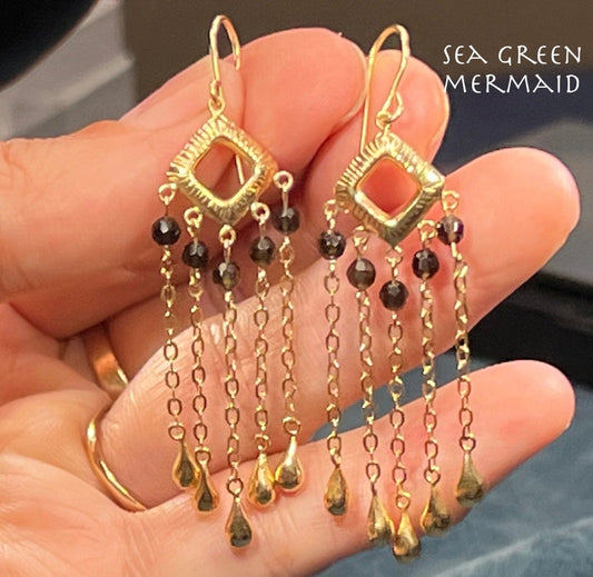 14k Yellow Gold Chandelier Teardrop Earrings w Smoky Topaz. 2.2"