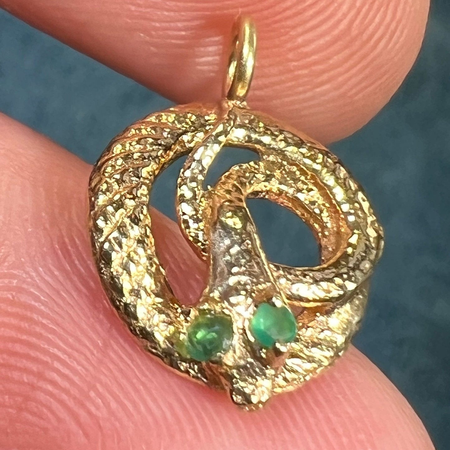 14k Yellow Gold Coiled SNAKE Pendant w Emerald Eyes. Tiny!