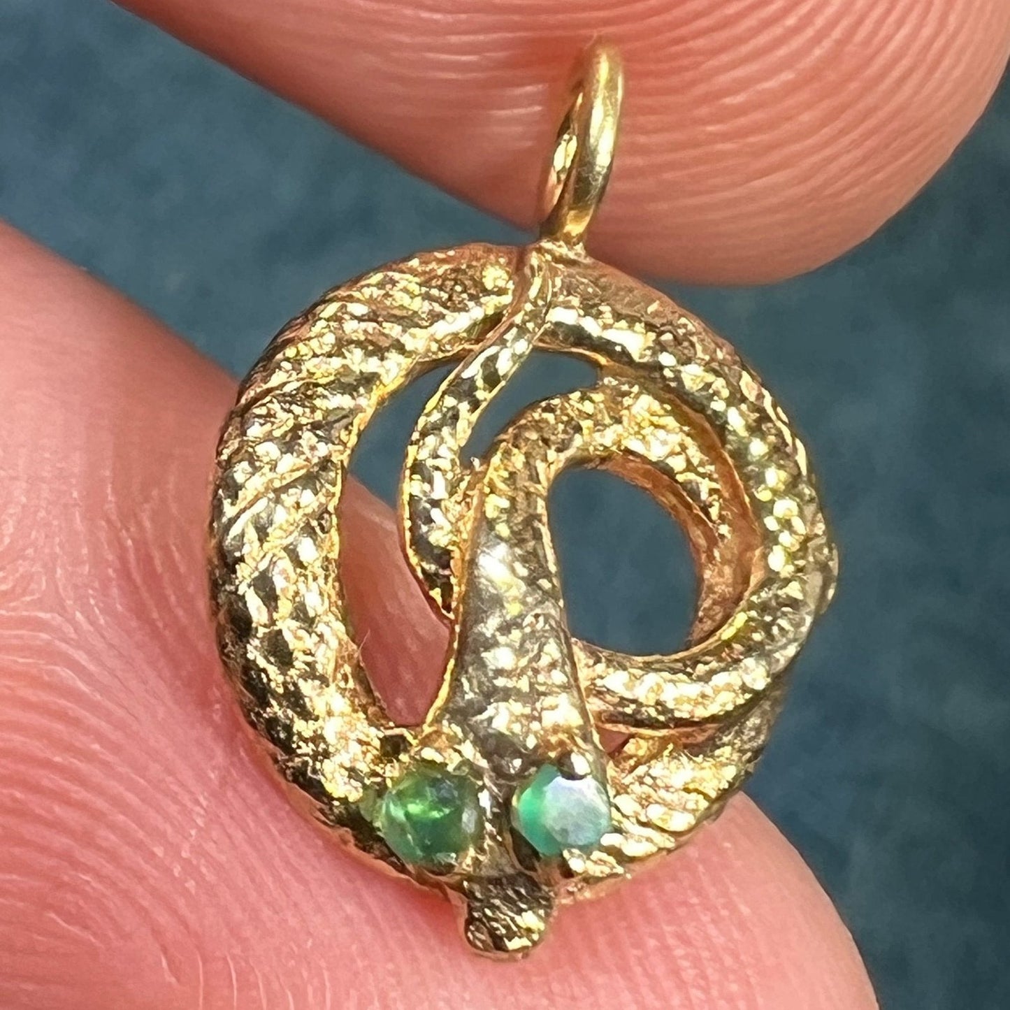 14k Yellow Gold Coiled SNAKE Pendant w Emerald Eyes. Tiny!