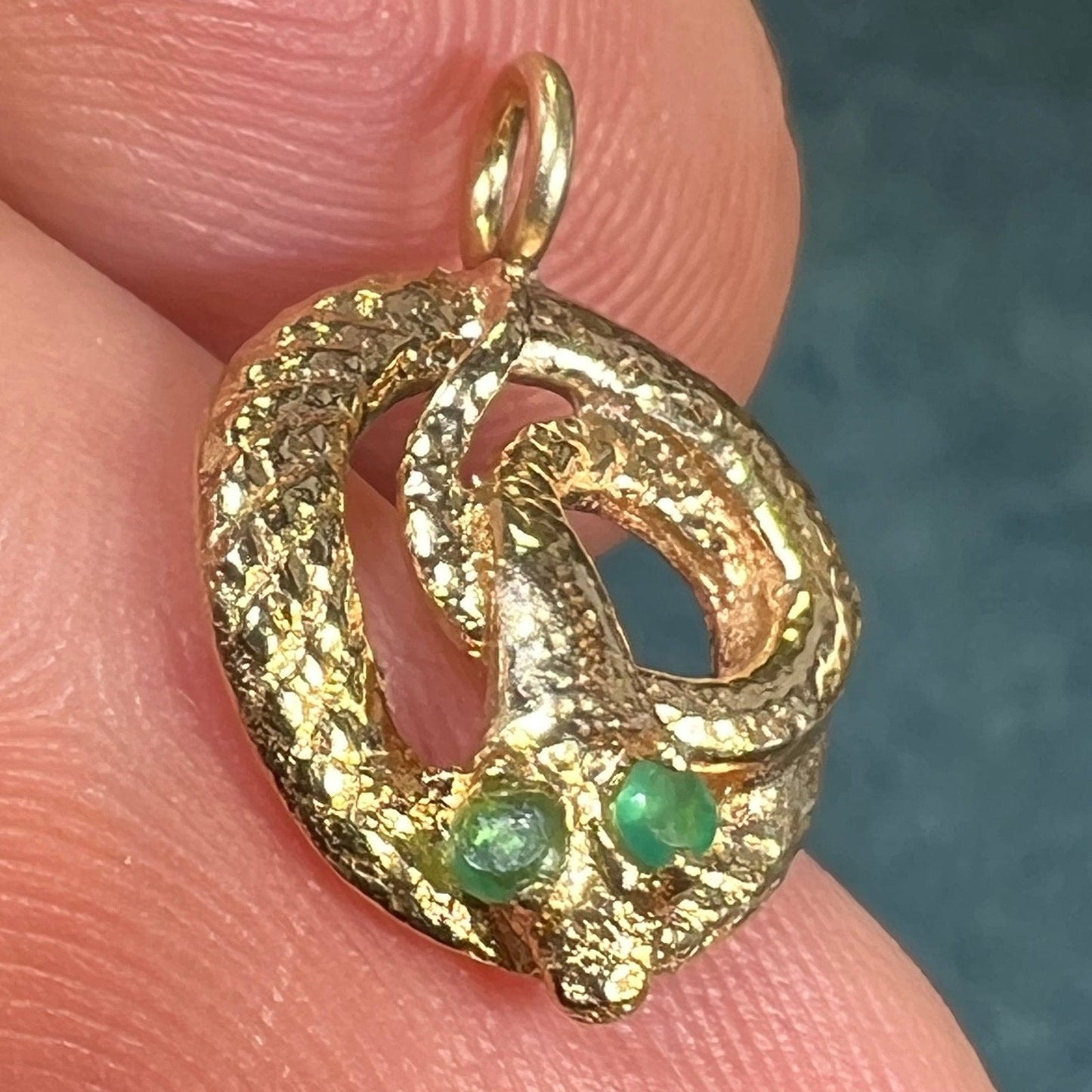 14k Yellow Gold Coiled SNAKE Pendant w Emerald Eyes. Tiny!