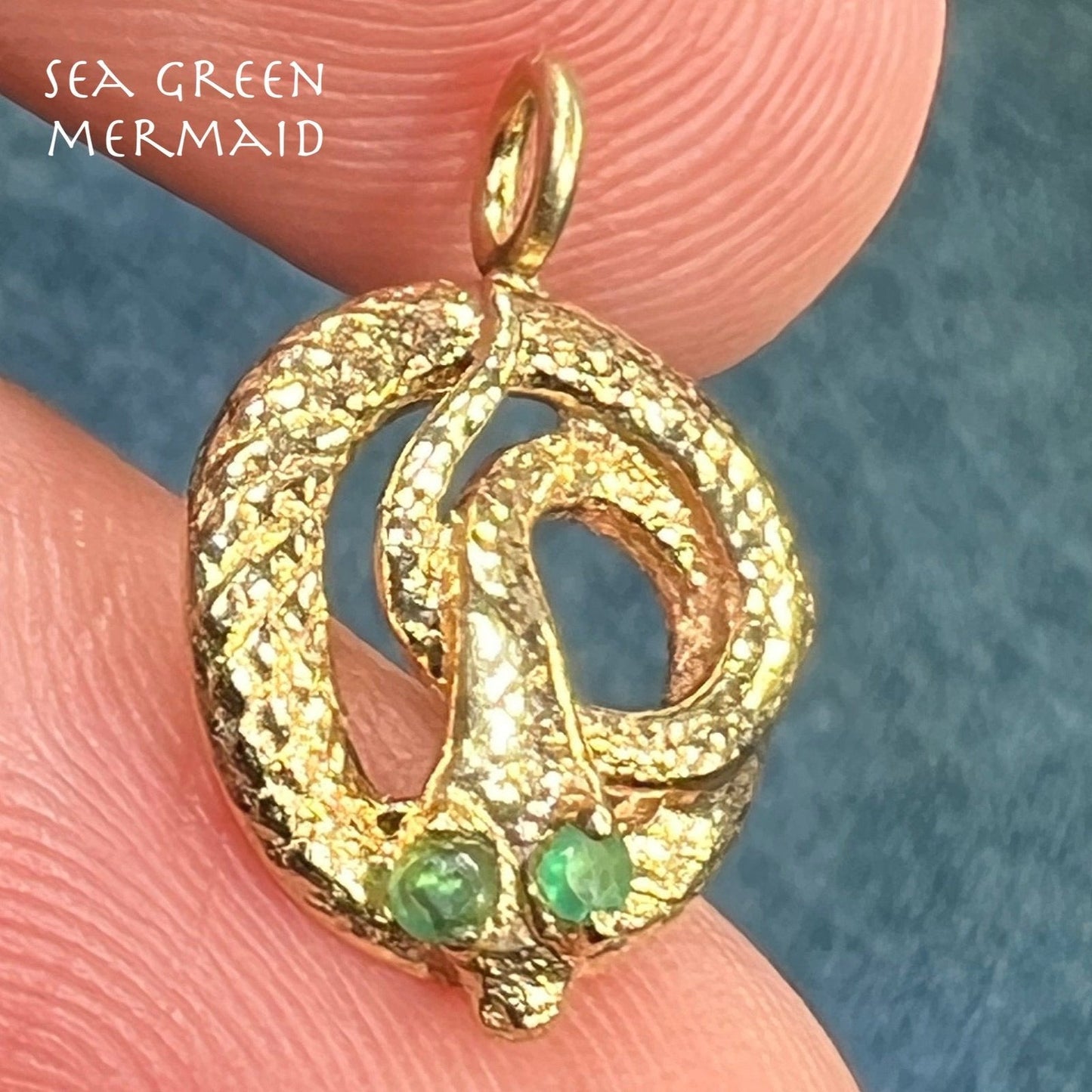 14k Yellow Gold Coiled SNAKE Pendant w Emerald Eyes. Tiny!