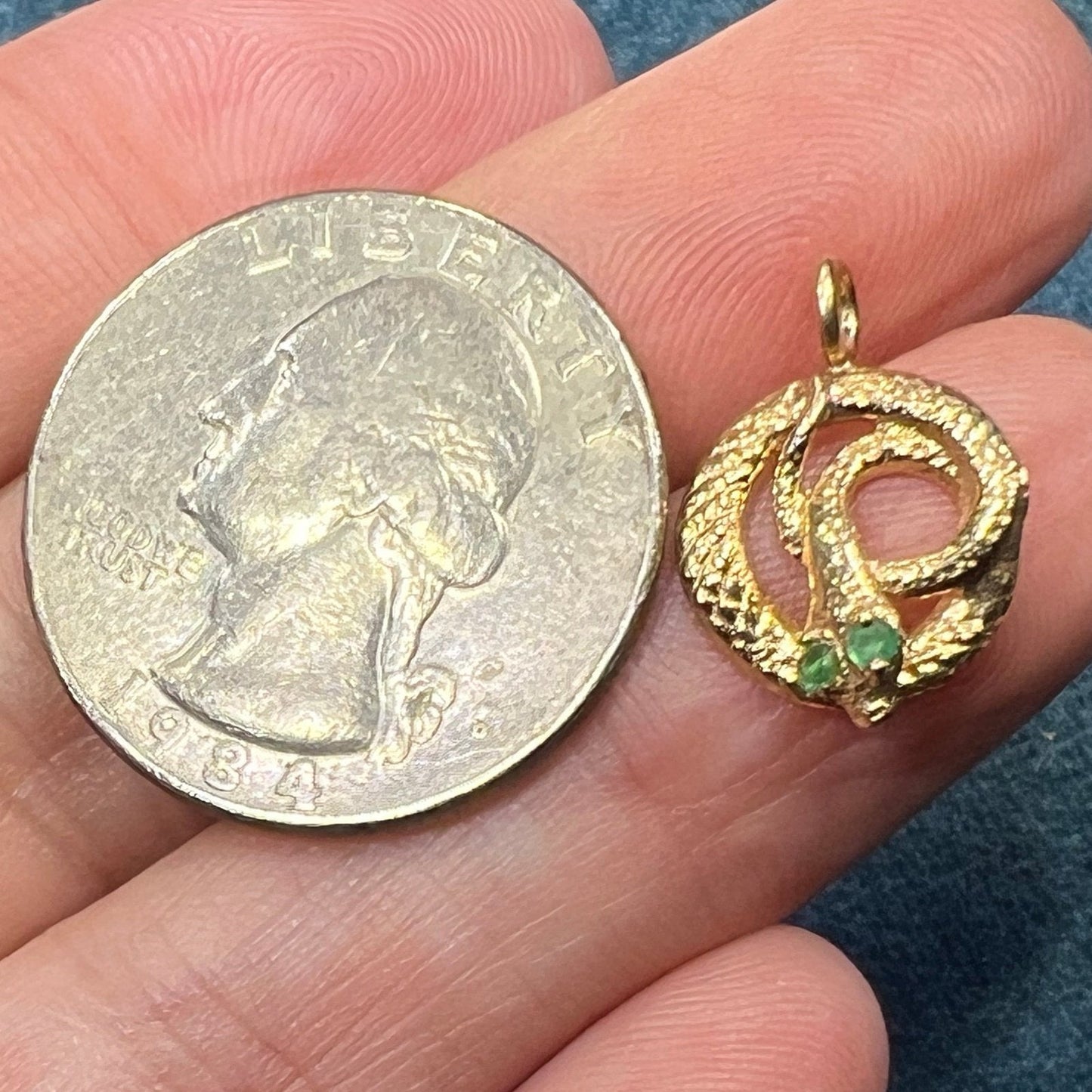 14k Yellow Gold Coiled SNAKE Pendant w Emerald Eyes. Tiny!