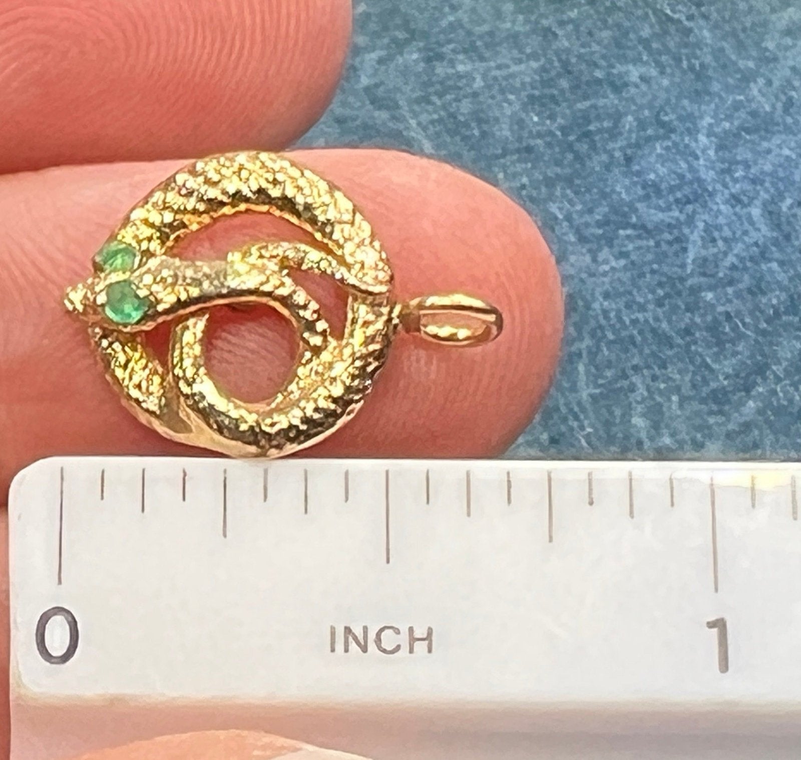 14k Yellow Gold Coiled SNAKE Pendant w Emerald Eyes. Tiny!