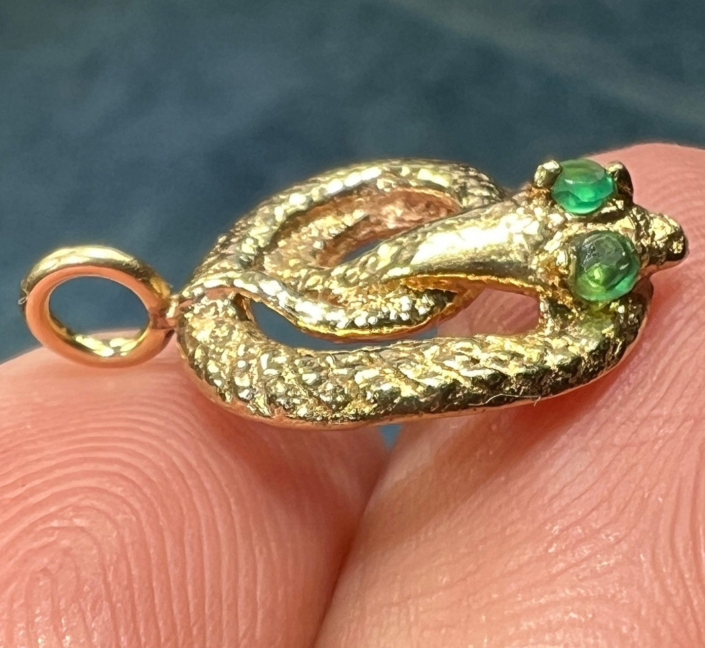 14k Yellow Gold Coiled SNAKE Pendant w Emerald Eyes. Tiny!