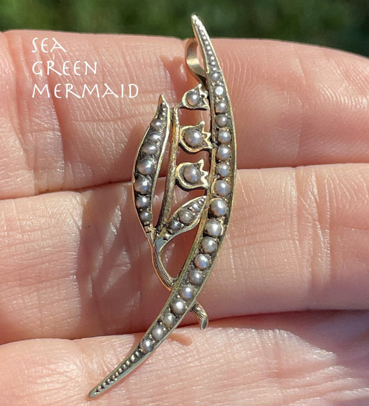 14k Yellow Gold Crescent Moon Lily-Of-The-Valley Pearl Pendant. Honeymoon!