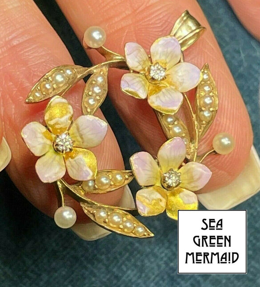 14k Yellow Gold Diamond Pink Cherry Blossom Flower Pendant. Enamel_ts377_12_20