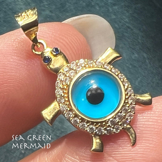 14k Yellow Gold Evil Eye Turtle Pendant w Blue Sapphires. Reversible!