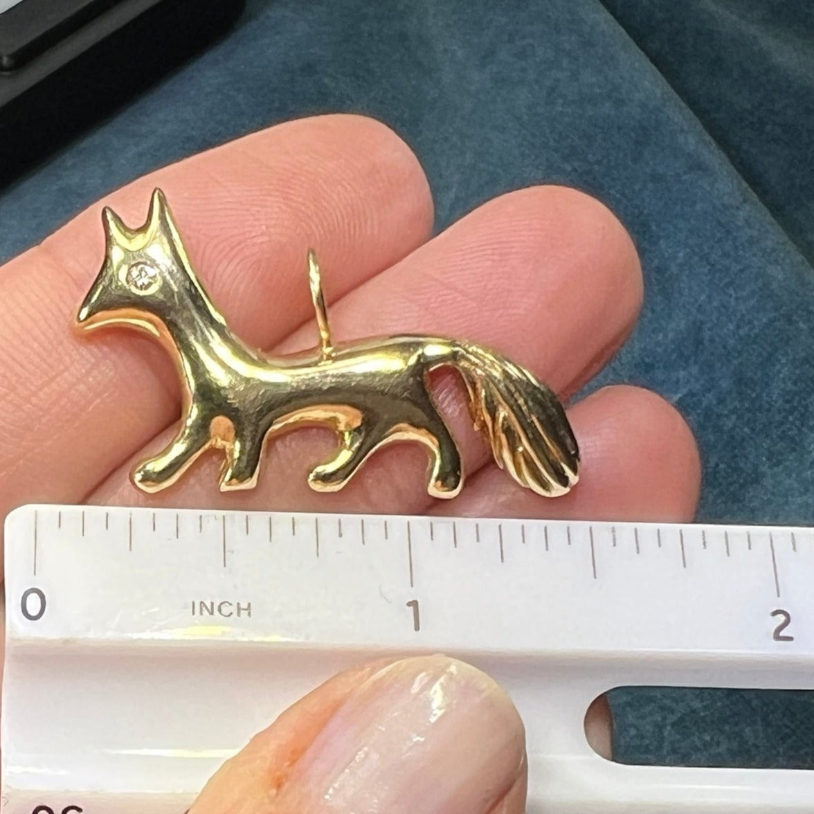 14k Yellow Gold Feisty Fox Pendant w Diamond Eye. 1.25"