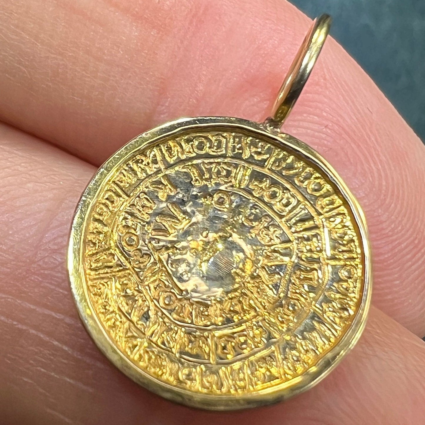 14k Yellow Gold Green Phaistos Domed Disk Pendant. Mystery