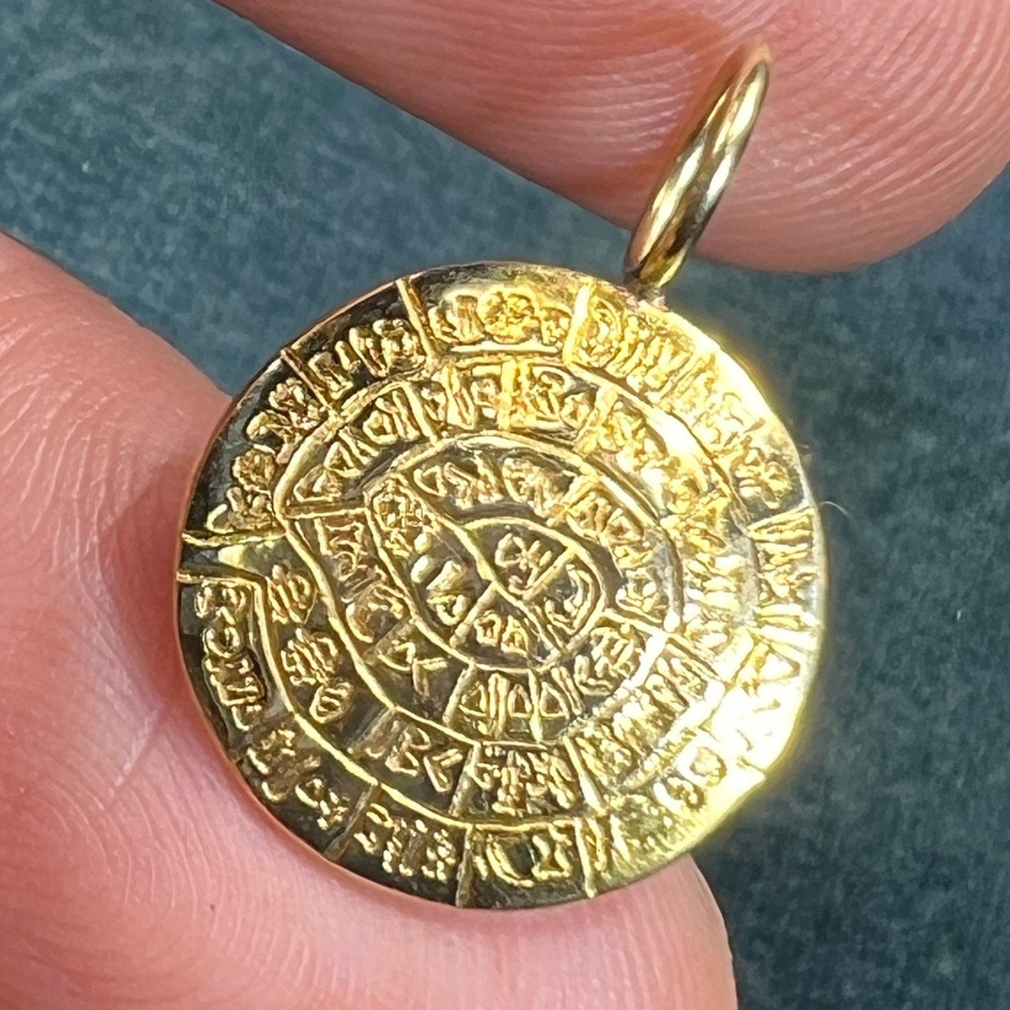 14k Yellow Gold Green Phaistos Domed Disk Pendant. Mystery