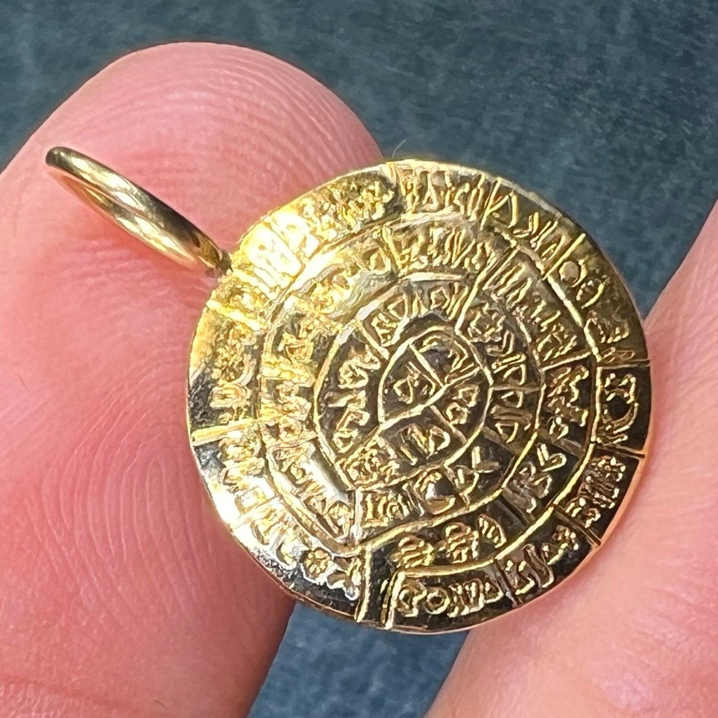 14k Yellow Gold Green Phaistos Domed Disk Pendant. Mystery