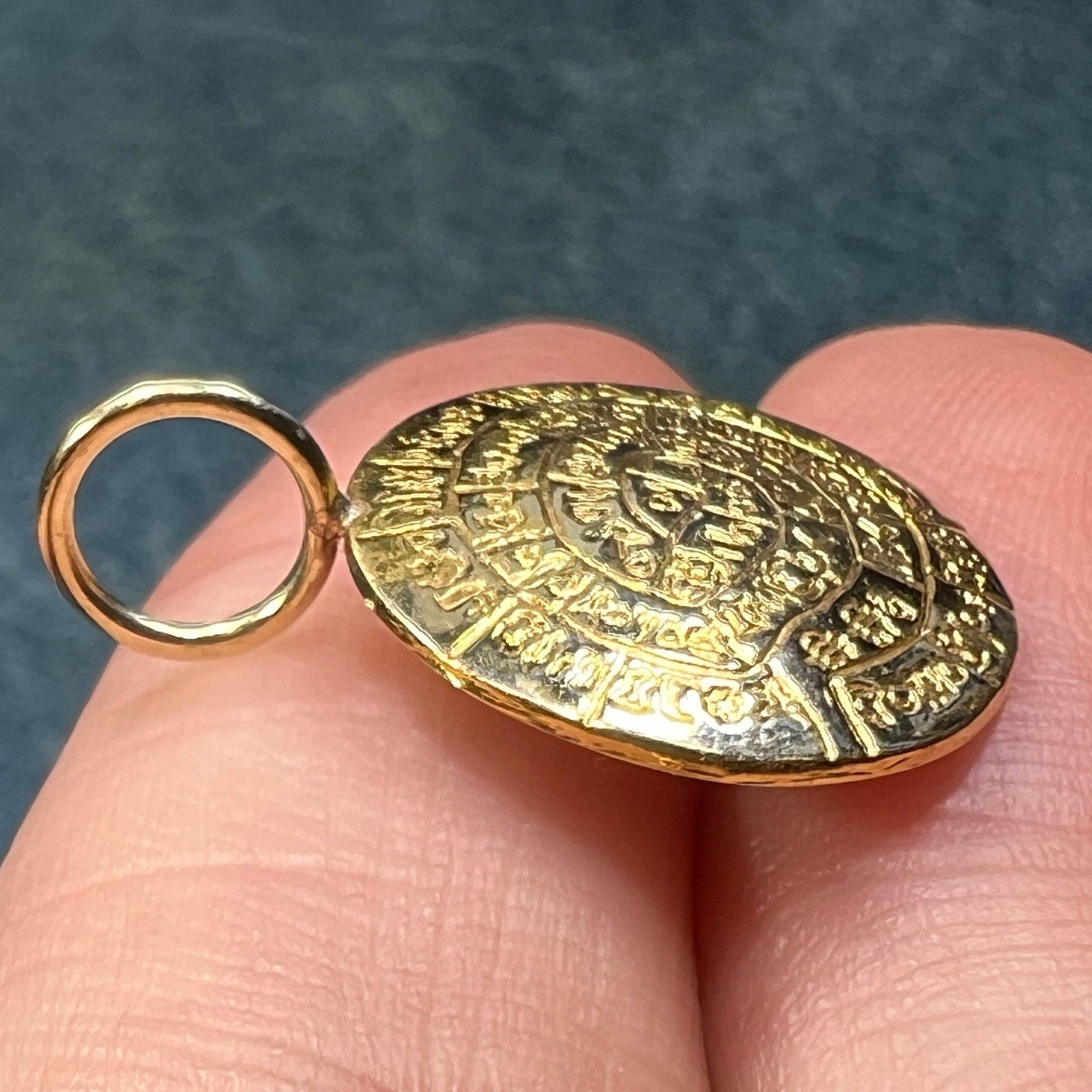 14k Yellow Gold Green Phaistos Domed Disk Pendant. Mystery