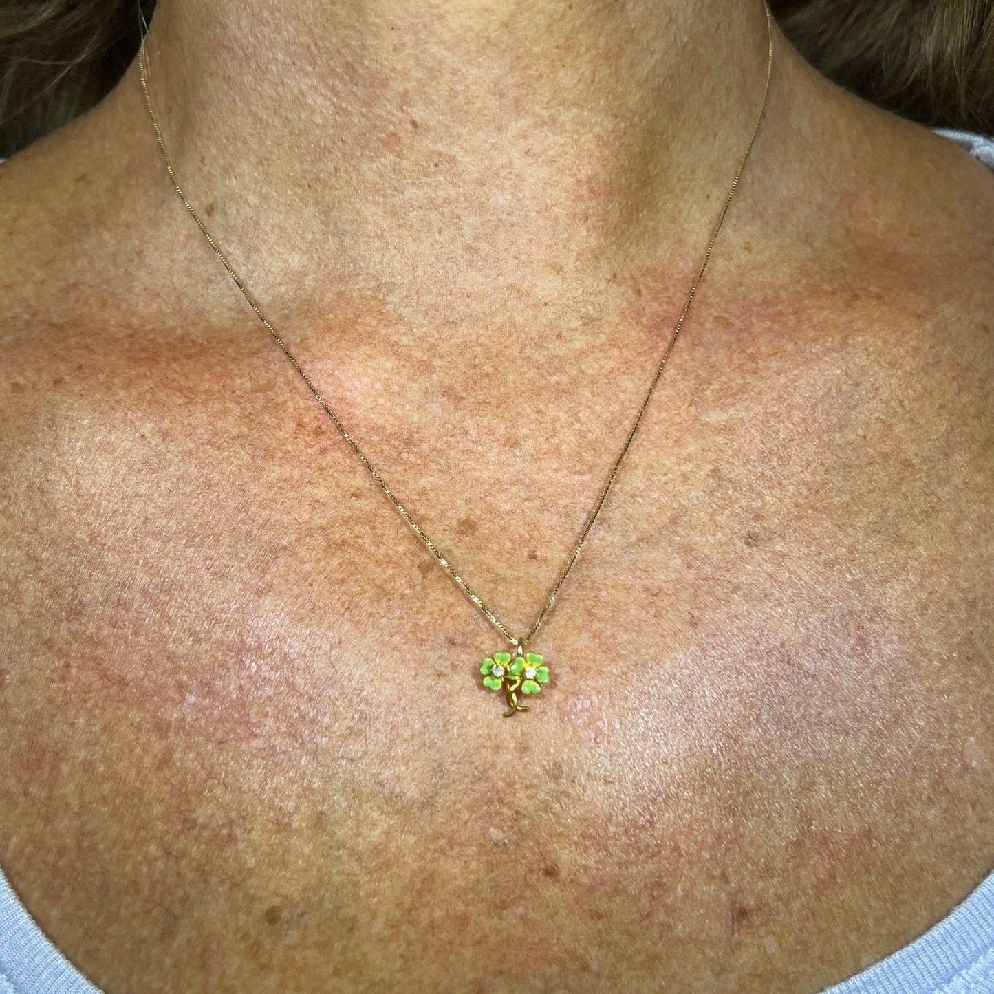 14k Yellow Gold Irish Lucky Shamrock Pendant w Diamonds. TINY!