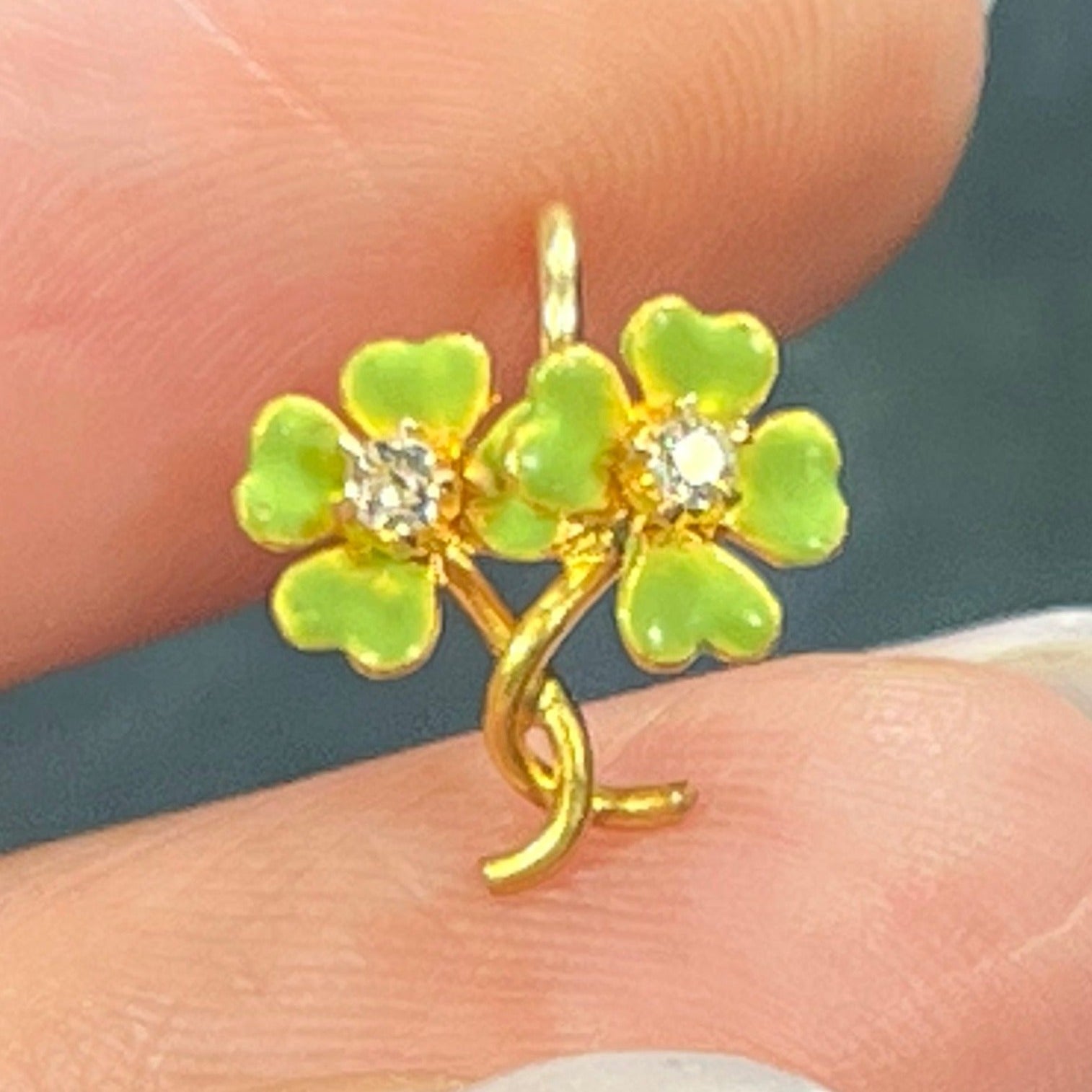 14k Yellow Gold Irish Lucky Shamrock Pendant w Diamonds. TINY!