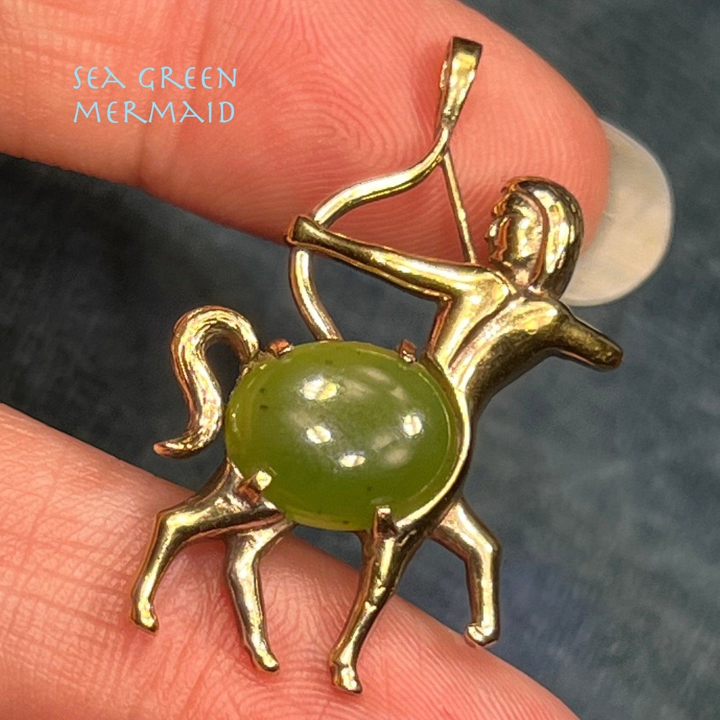 14k Yellow Gold Jade Archer Centaur Sagittarius Pendant. 1.5"