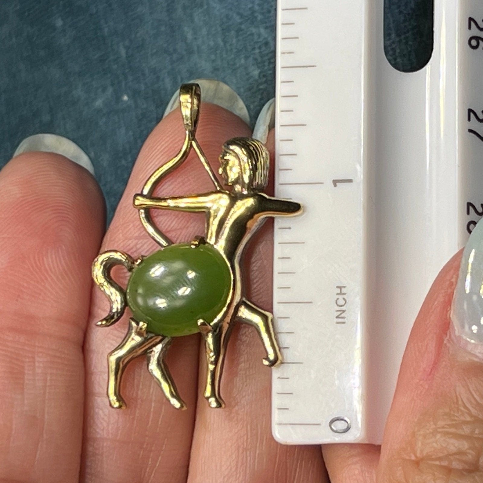 14k Yellow Gold Jade Archer Centaur Sagittarius Pendant. 1.5"