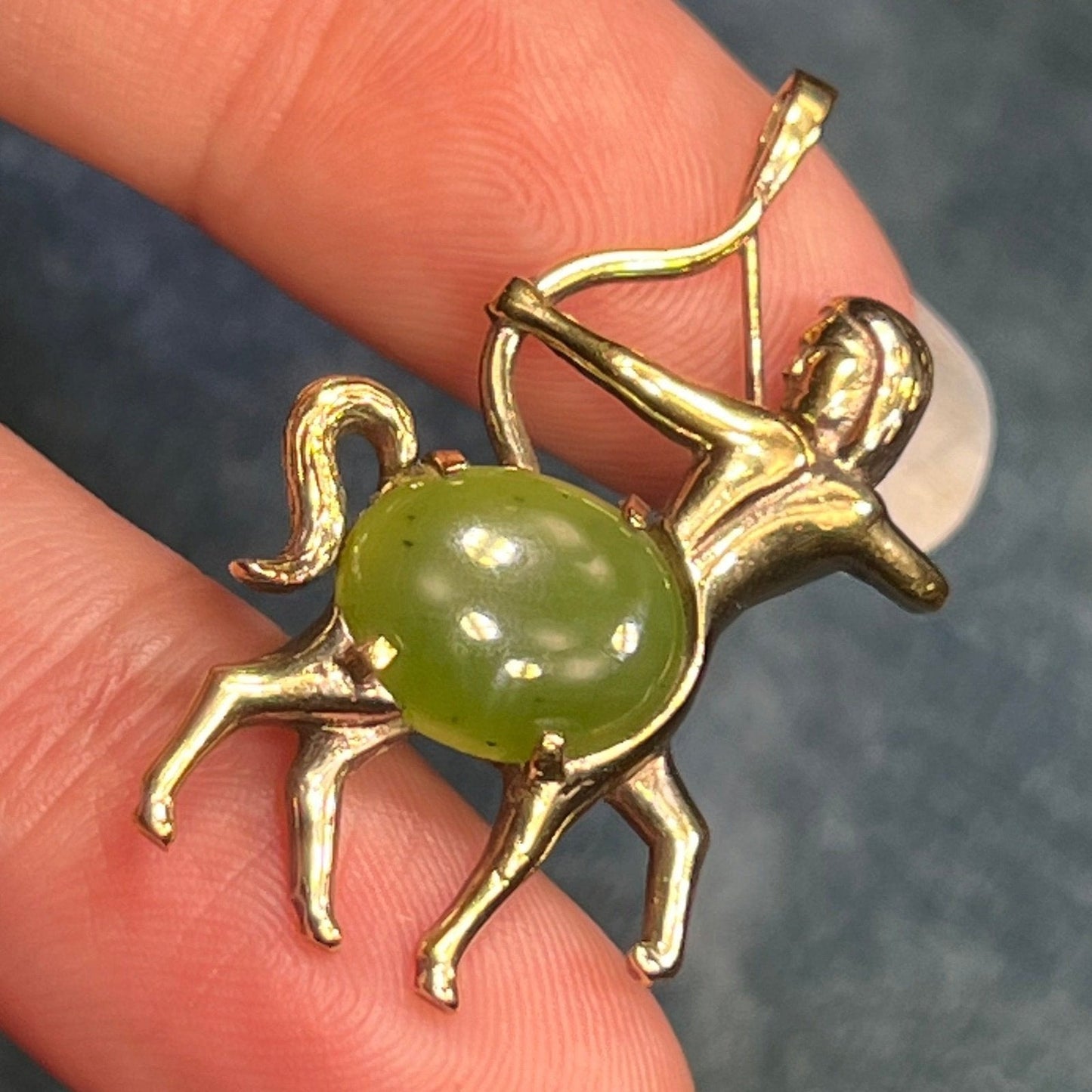 14k Yellow Gold Jade Archer Centaur Sagittarius Pendant. 1.5"