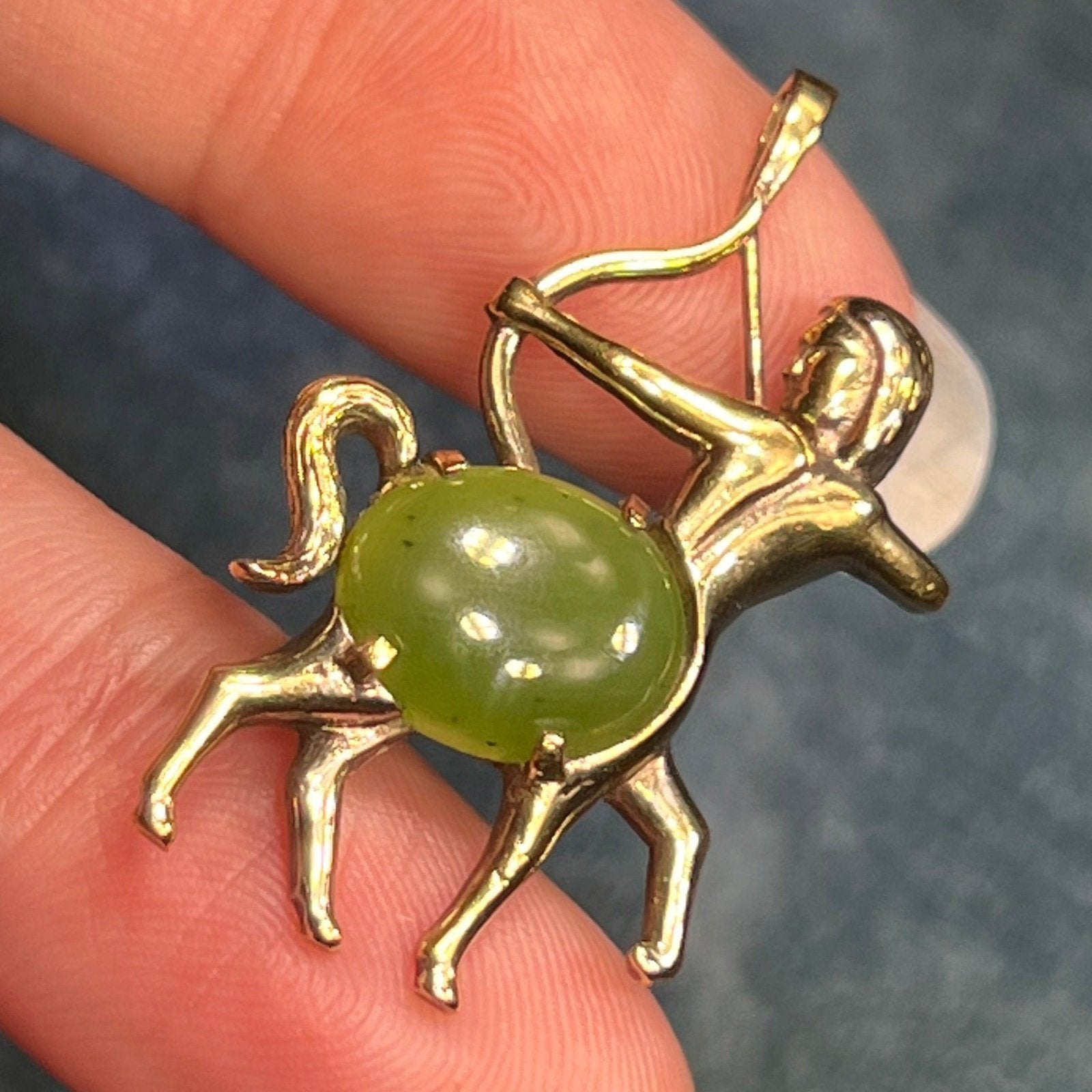 14k Yellow Gold Jade Archer Centaur Sagittarius Pendant. 1.5"