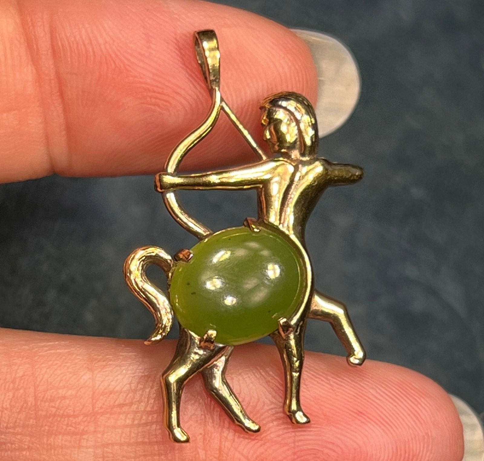 14k Yellow Gold Jade Archer Centaur Sagittarius Pendant. 1.5"