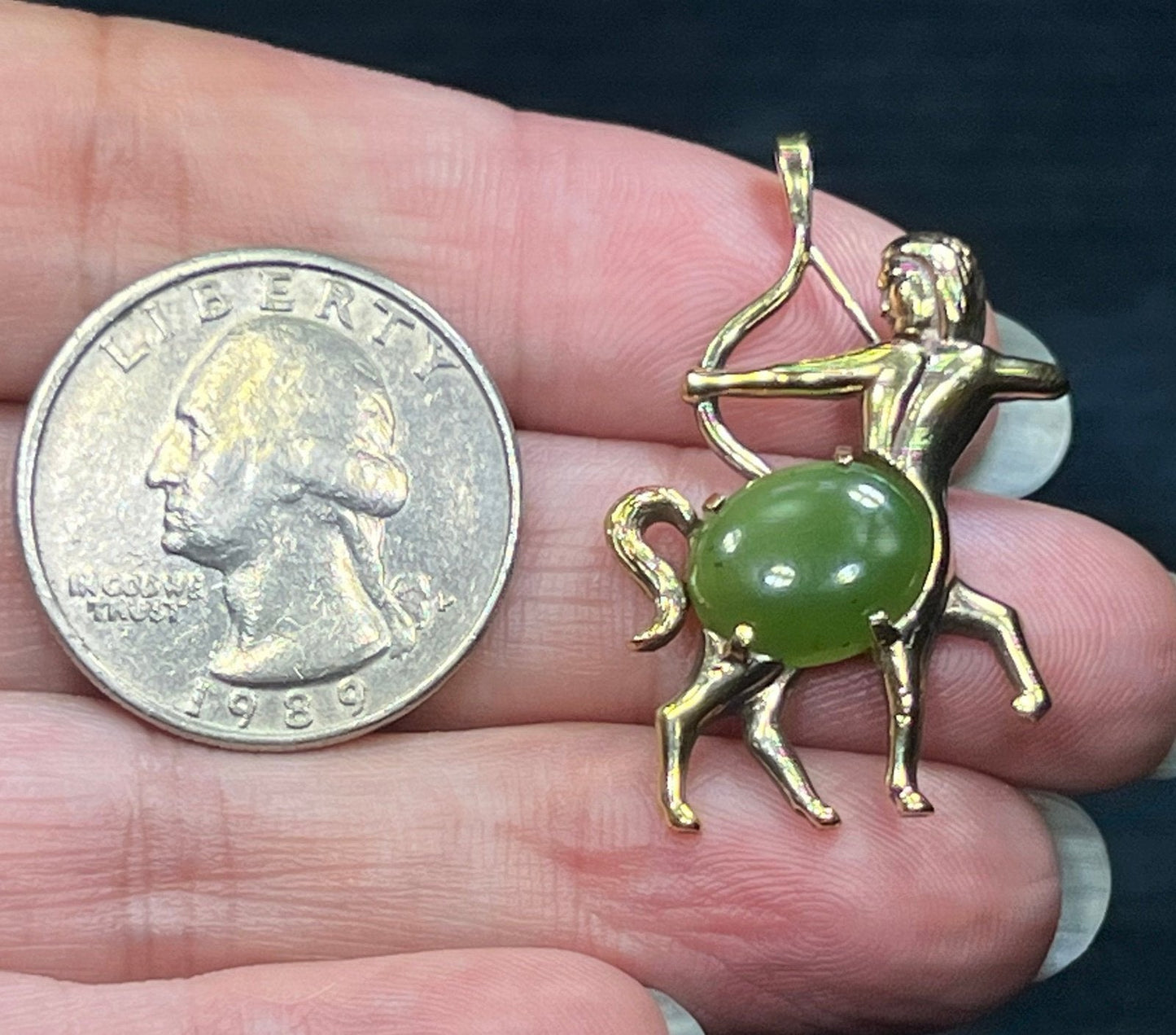 14k Yellow Gold Jade Archer Centaur Sagittarius Pendant. 1.5"