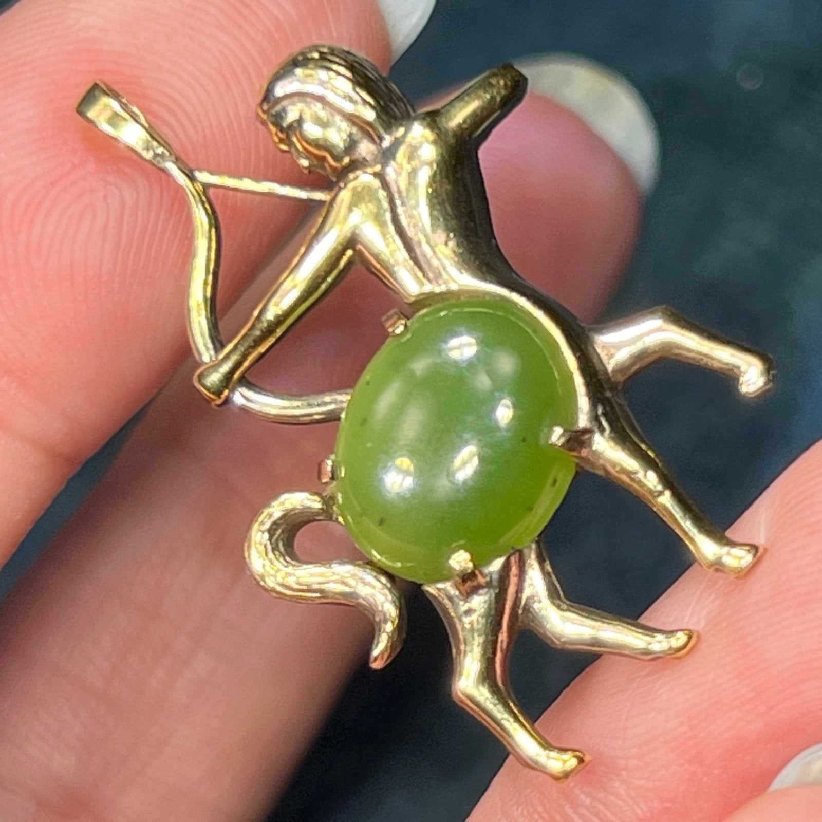 14k Yellow Gold Jade Archer Centaur Sagittarius Pendant. 1.5"