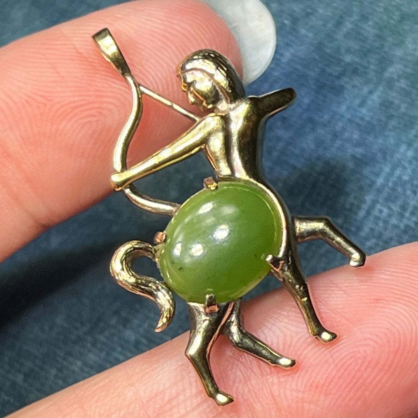 14k Yellow Gold Jade Archer Centaur Sagittarius Pendant. 1.5"
